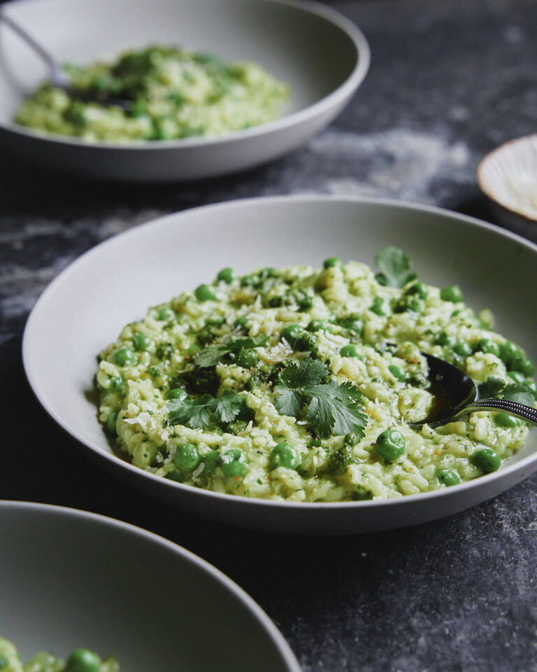 Green OvenBaked Risotto with Mixed Herb Pesto and Peas Good Eatings
