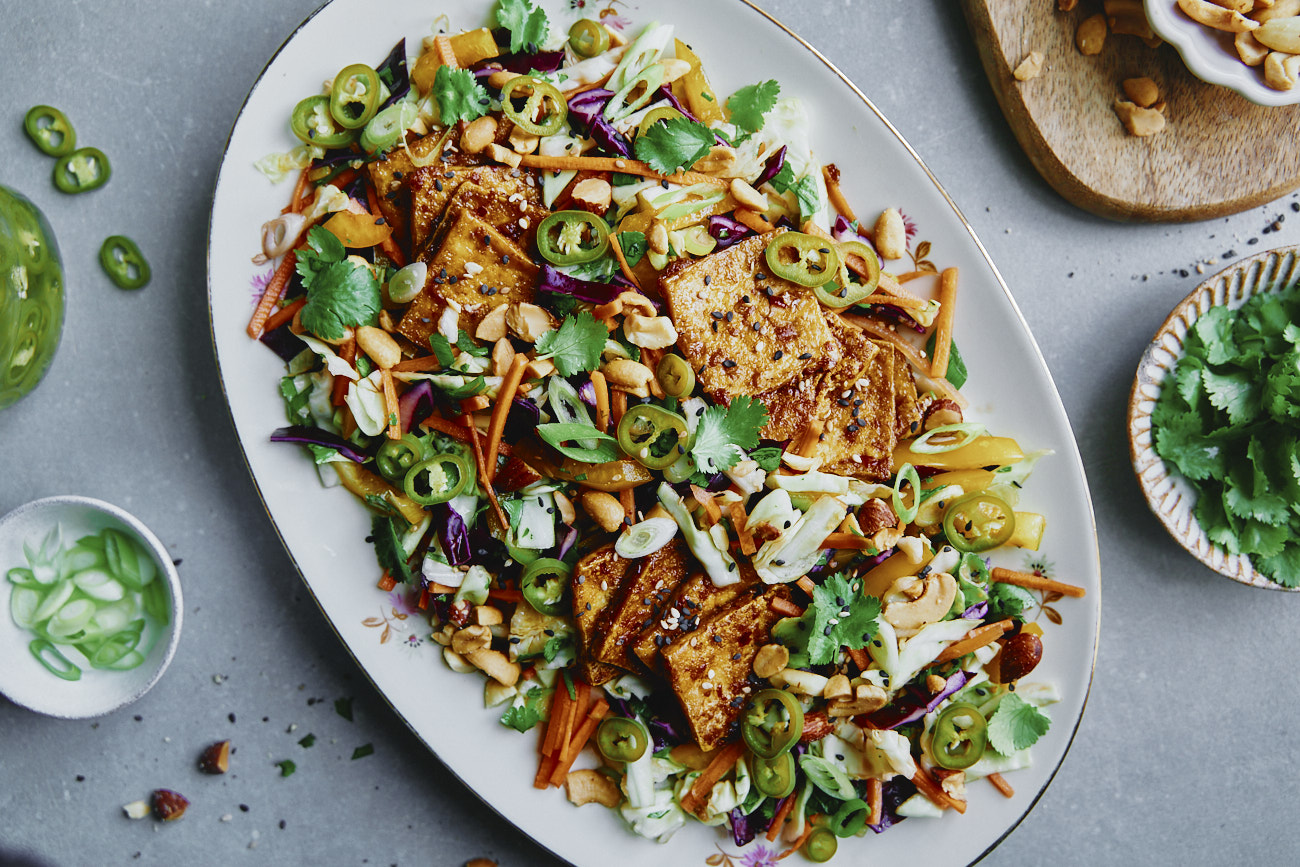 Cabbage Crunch Salad with Sticky Ginger Tofu - Good Eatings